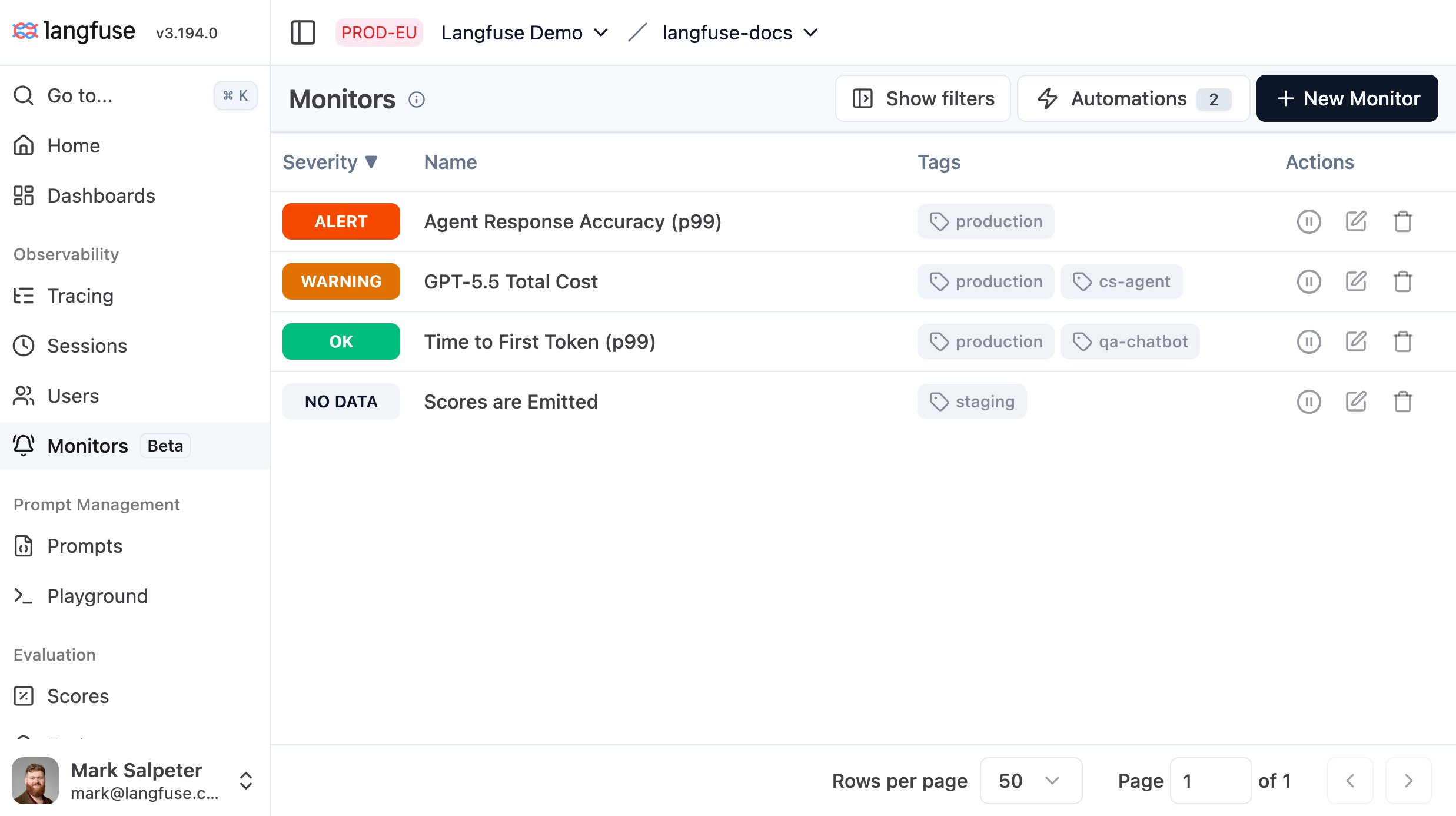 Alerts list showing severity, name, and tags for each alert